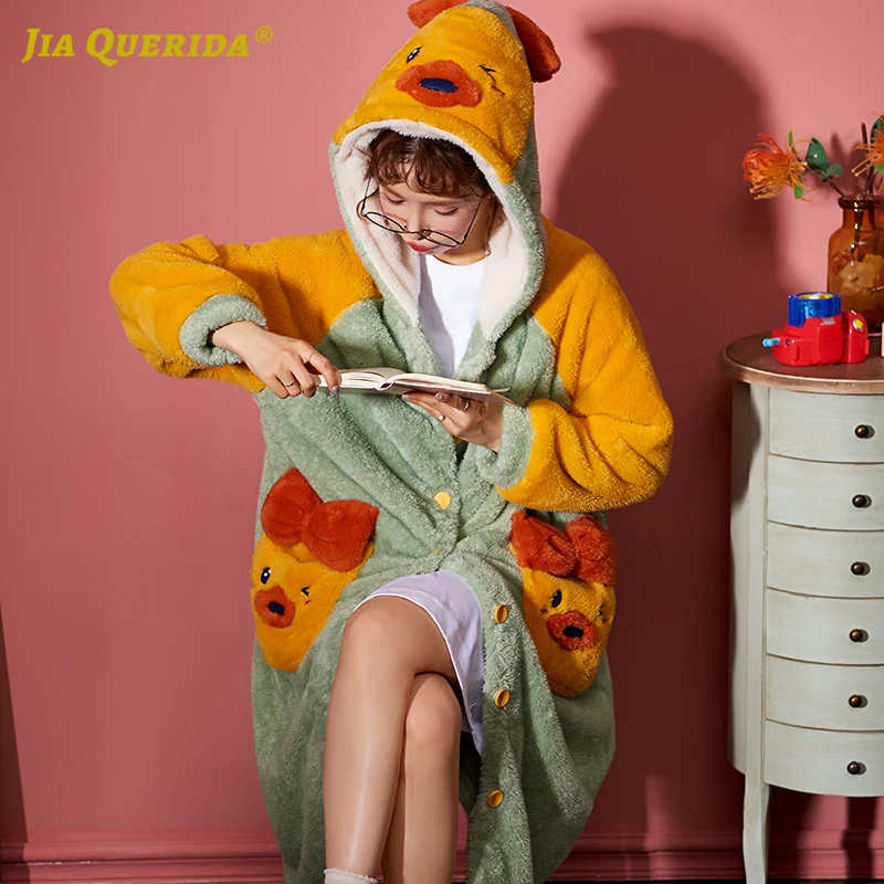 

Flannel Cartoon Printing New Soft Long Sleeve Night Robe Fashion Style Casual Style Ladies Woman Front Pocket Winter Homerobe