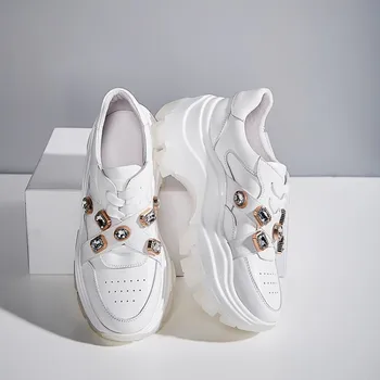 

MLJUESE 2020 fashion sneakers cow leather white color autumn spring crystal Vulcanize Shoes platform sneakers party dress