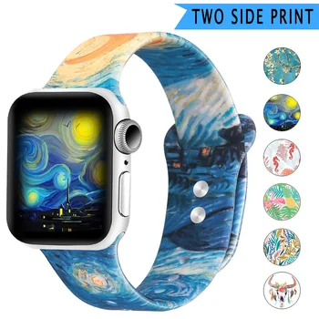 

New Double Side Print Flowers Silicone Band for Apple Watch 38mm 40mm 42mm 44mm Sport Soft Strap Band for iwatch Series 5 4 3 2