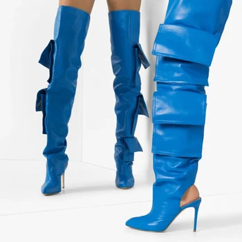 

Siddons Blue Leather Packer Designer Women Over The Knee Boots Pointed Toe High Heels Ladies Slingback Shoes Woman High Boots
