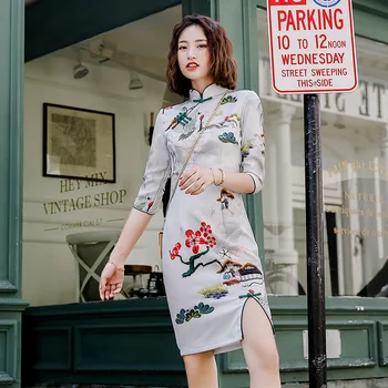 

Large Size 3XL Qipao For Young Lady Print Flower Mandarin Collar Evening Party Dress Half Sleeve Split Sexy Summer New Cheongsam