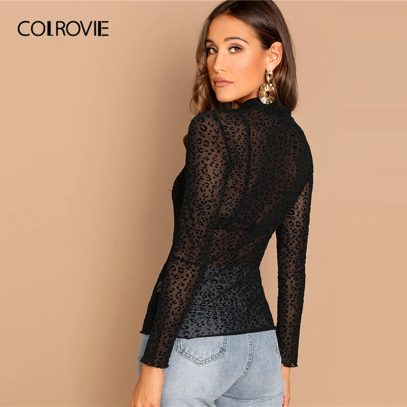 COLROVIE/черный топ с леопардовым принтом и сеткой без бюстгальтера ...