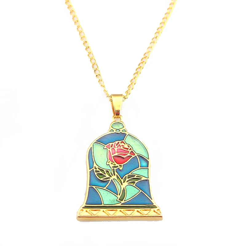 

Movie Beauty and the Beast Necklace Red Rose Flower Enamel Pendant Chokers With Gold Chain Cosplay Jewelry Accessories