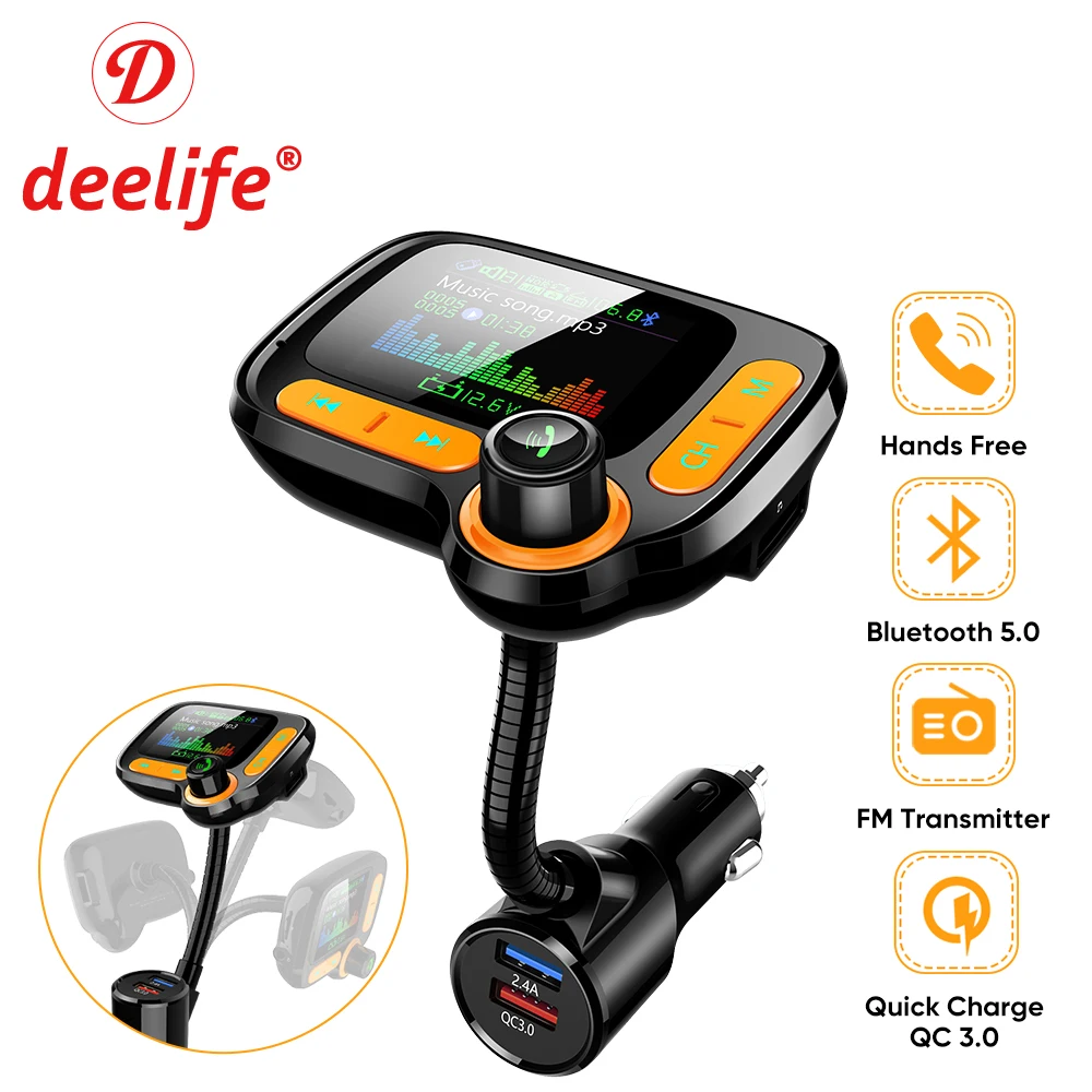 

Deelife Car MP3 Player Bluetooth Car Kit FM Transmitter Modulator with Color Screen AUX Auto Music Adapter QC 3.0 USB Charger
