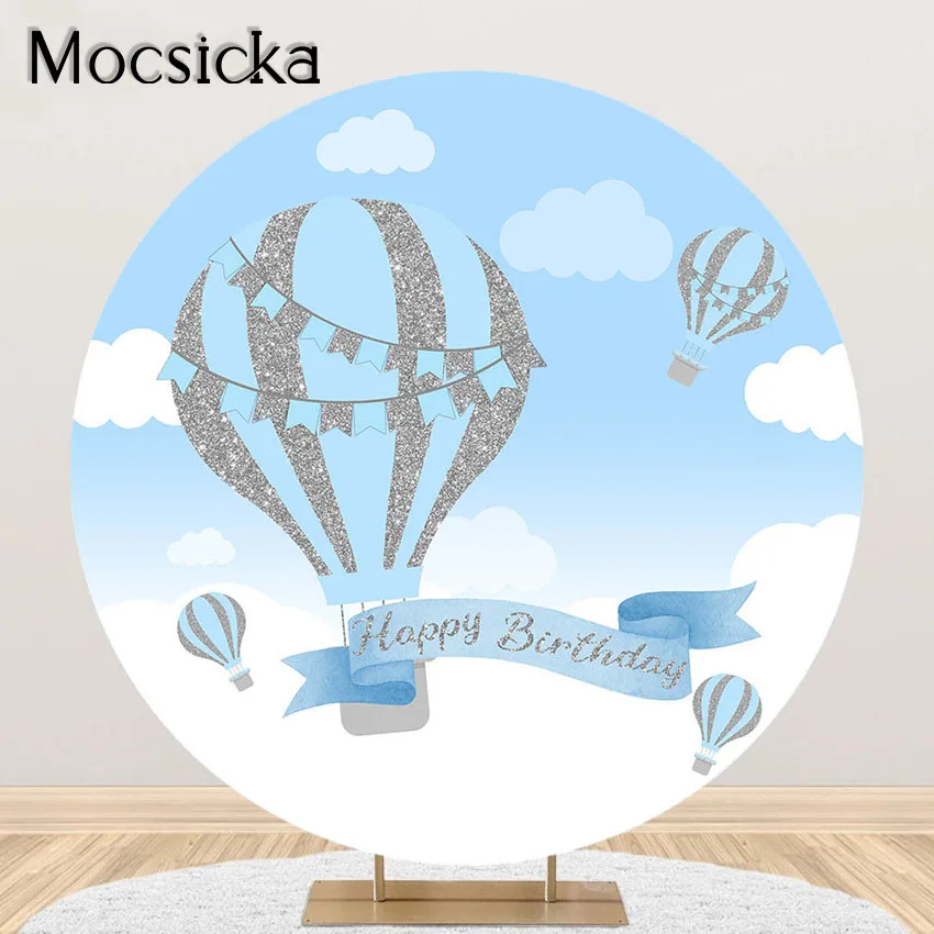 

Mocsicka Hot Air Balloon Backdrop for Boy Blue Sky White Clouds Birthday Party Decorations Background Round Circle Elastic Cover