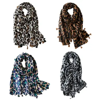

180x90cm Women Vintage Leopard Print Cotton Scarf Contrast Color Tassels Lightweight Autumn Oversized Large Shawl Wrap
