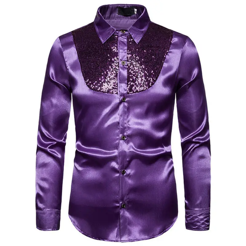 Men top Stage Dance Nightclub Prom Costume Men's Luxury Sequin Glitter Shirts Long Sleeve Silk Satin Shiny Disco Party Shirt