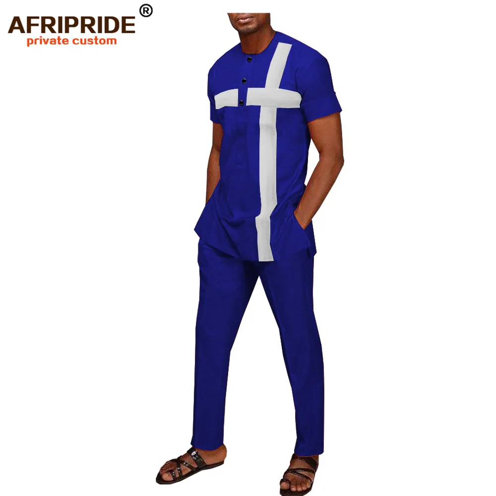 

african style 2-pieces set for men AFRIPRIDE tailor made short sleeves top+slim pants casual cotton set for men A1916005