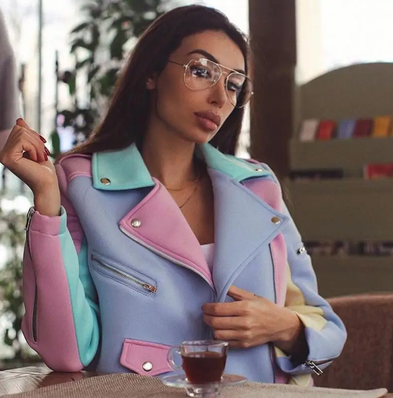 2019Women's куртки сшивание контрастного цвета Мода Тонкий стрейч Радуга Пальто короткие хип хоп пальто оленьей кожи бомбер топы уличные