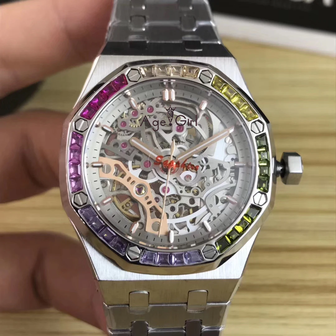 

Luxury Brand New Women Rose Gold Automatic Mechanical Sapphire Steel Rainbow Red Blue Green Diamonds Watch Tourbillion Skeleton