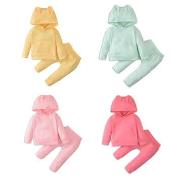 

pudcoco Baby's Clothes Newborn Girls Cute Cartoon Rabbit Ear Hoodies Sweatshirts+Pants Solid Baby Girl Children Clothes 0-4Years