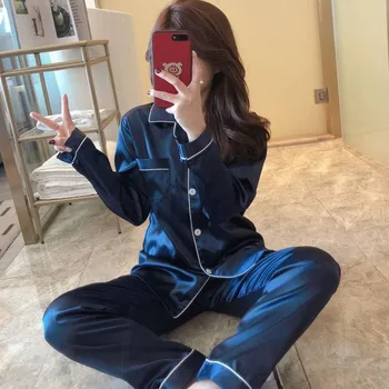 

New Spring Imitated Silk Fabric Long Sleeve Women's Solid Color Fold-down Collar Cardigan Pajamas Sexy Pajamas Pyjamas Women