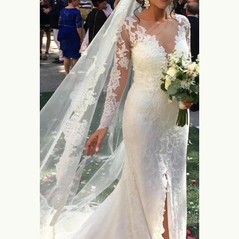 

On Sale Graceful Ivory Lace Long Sleeve Bridal Wedding Gowns Illusion Boat Neck High Side Split Wedding Dresses for Bride 2020