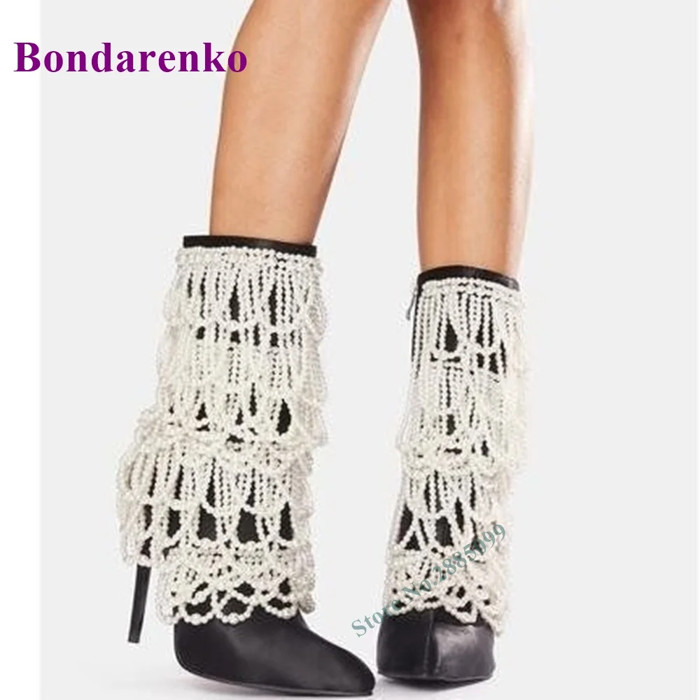 

Pearls Chain Decor Ankle Boots Pointed Toe Silk Thin High Heel Female Sexy Boots Shoe Side Zipper Solid Autume Spring Party Shoe