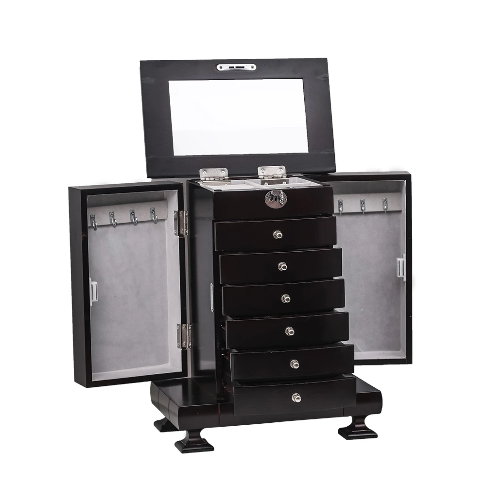 

Handcrafted Wooden Jewelry Box Organizer Cabinet 6 Drawer 2 Side Compartments 8 Hooks Velvet Interior Brown[US-Stock]