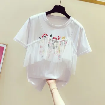 

White T-shirt Female Tshirt Summer Wear New Fashion Tops Women's Casual Gauze CamisCrew Neck Short Sleeve Printed T-shirt Tee