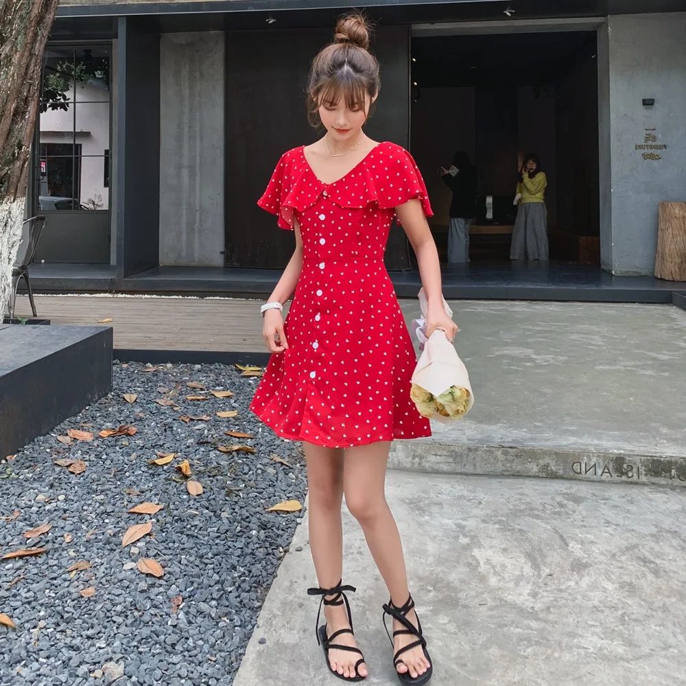 

Photo Shoot 2019 Summer New Style Korean-style WOMEN'S Wear French Retro CHIC Ruffled Collar Chiffon Heart Polka Dot Dress