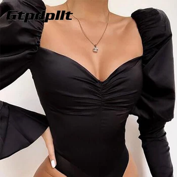 

Gtpdpllt Flare Puff Sleeve Sexy Bodysuit Women Low Collar Backless Black Rompers Spring Streetwear Clothes Bodycon Jumpsuits
