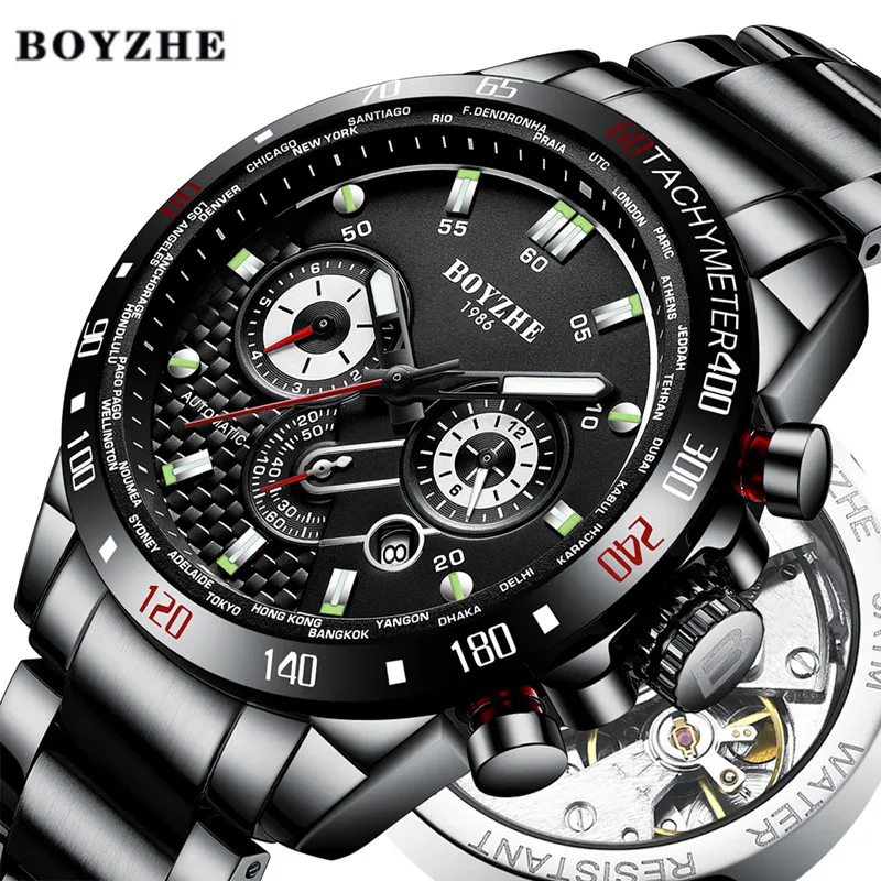 

men Automatic Self-Wind Luminous watch Stainless Steel Waterproof Sport mechanical watches mens 3D Dial Multifunction reloj