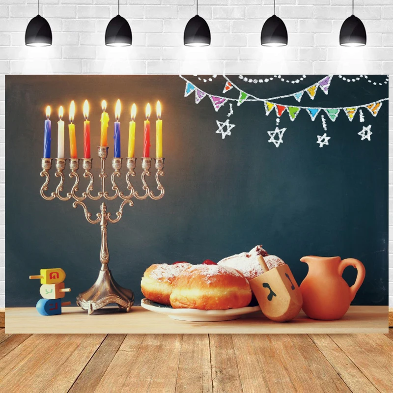 

Blue Hashanah Photo Backdrop Happy Holiday Party Hanukkah Photography Background Menora Candle Prop Decoration Chanukah Banner