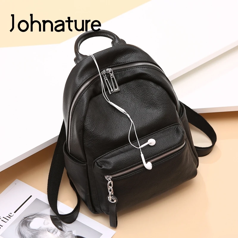 Johnature Fashion Large Capacity Genuine Leather Women Backpack 2020 New Leisure Solid Color First Layer Cowhide Travel |