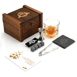 Luxury Whiskey Stones & Glasses Set with Granite Chilling Rocks in Elegant Wooden Box - Perfect Gift (One glass set 01)