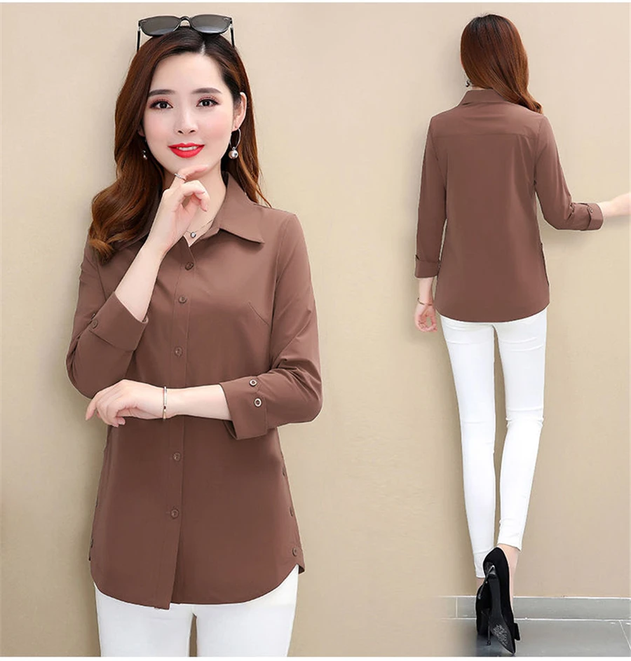 Chic Solid polo collar shirt women fashion elegant slim plus size 5XL long sleeve blouse female 2021 new Mom casual spring tops