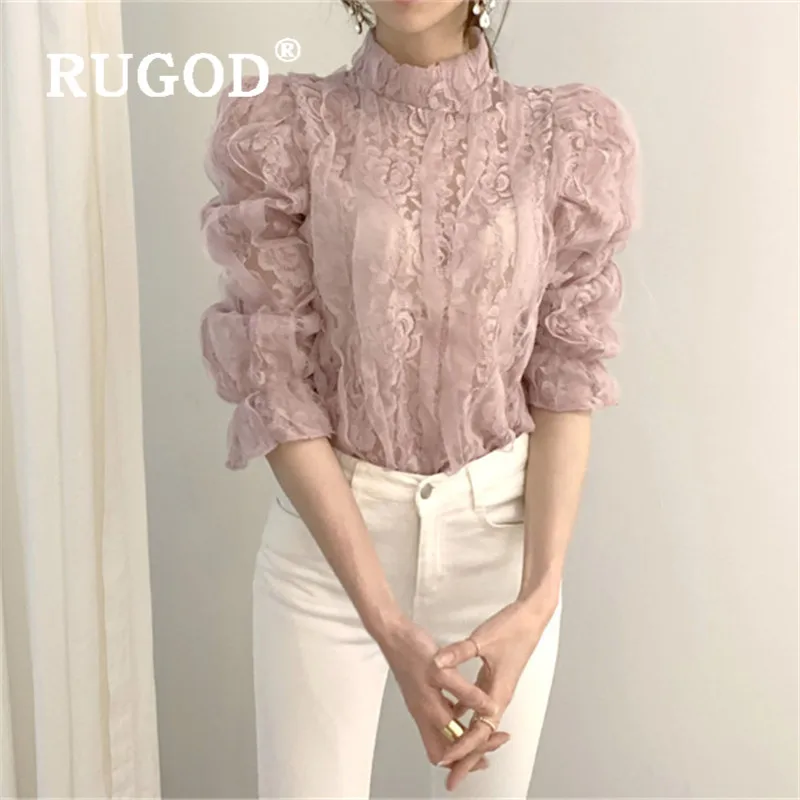 RUGOD корейский стиль, рукав-колокол, половина плеча, кружевной топ, женская одежда, одноцветные элегантные топы, женские повседневные шифоновые блузки