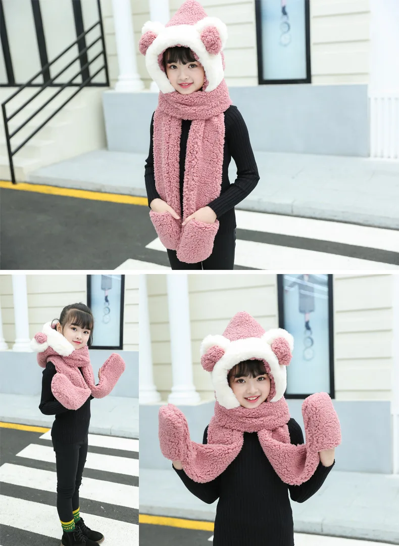 Корейский стиль зимние женские толстые теплые с капюшоном три цельных милый медведь уха шапка шарф перчатки 3 шт набор