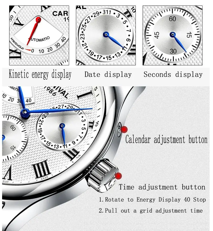 CARNIVAL Kinetic Energy Display Automatic Mechanical Watch Waterproof Stainless Steel Sport Man Luxury Brand Watch Reloj Hombre