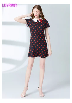 

European temperament women's dress 2020 spring and summer new lapels fleece diamond love print lotus leaf