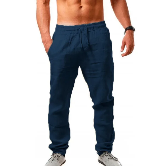 Pantalon en coton et lin pour hommes, couleur unie, taille élastique, ample, Long, respirant, décontracté, Hip-hop, tendance 3