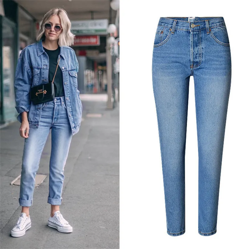 Повседневные модные женские джинсы с высокой талией размера плюс Выбеленные вымытые на молнии Узкие женские джинсы