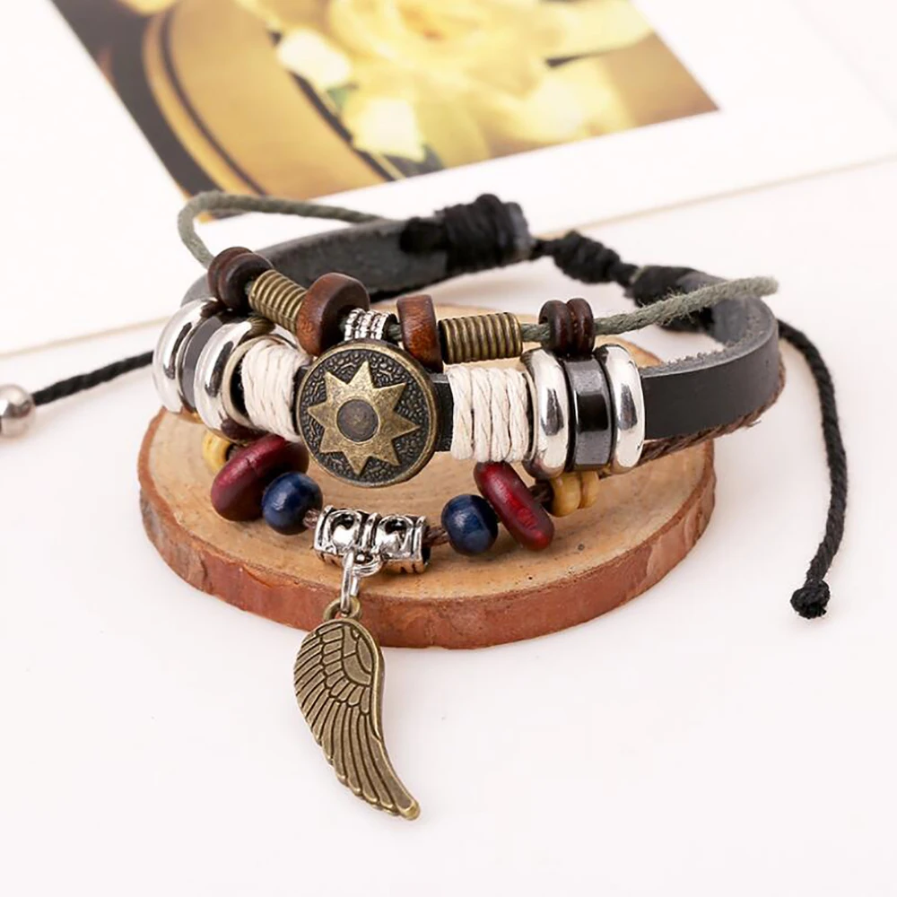 

Vintage angel wings beaded wristband Men's Retractable Leather Bracelet Creative ladies dance jewellery student's cuff bangle