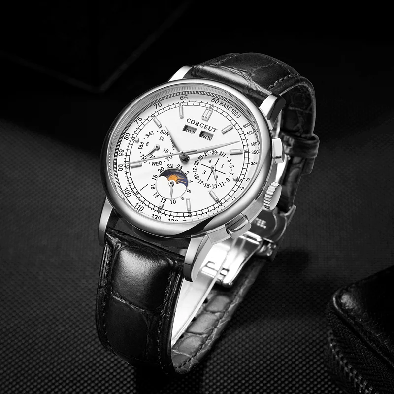 Corgeut42mm фазы Луны часы Для мужчин автоматические механические наручные s Relogio Prova De
