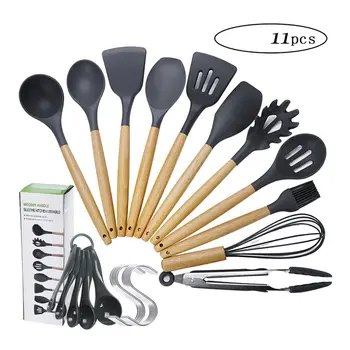 

11pcs Kitchen Utensils Wooden Handle Stainless Steel Cooking Set Pliers Whisk Slotted Spoon Soup Spoon Cooking Tools Silicone
