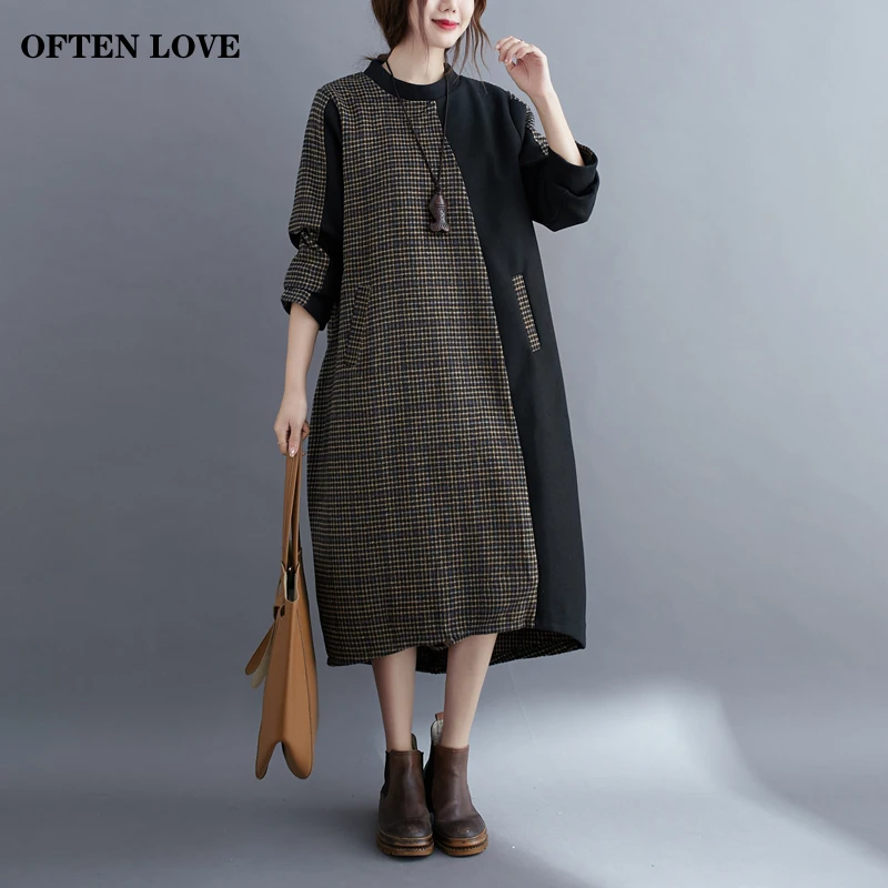 

OFTEN LOVE Korean Plaid Stitching Cotton Dress Women 2020 Autumn and Winter Casual Warm Loose Wild Large Size Dress Irregular