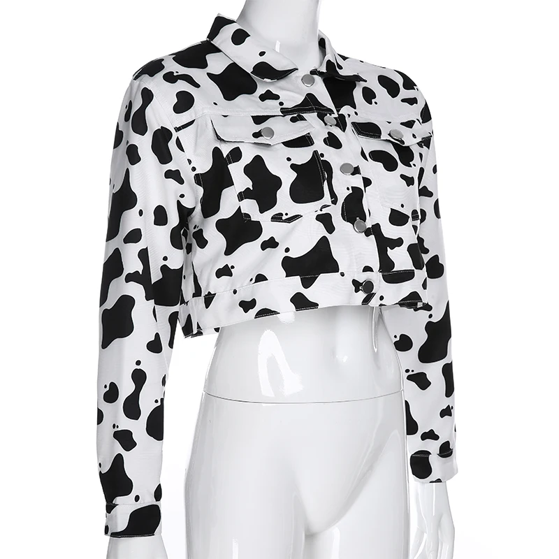 Weekeep/Лоскутная куртка с отложным воротником и карманами; женские укороченные куртки с принтом коровы и длинными рукавами; уличная одежда; Casaco Feminino