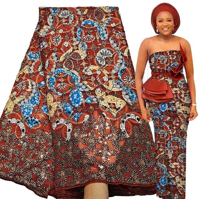 Bestway Net Lace Fabric 2021 High Quality Sequins Embroidery Nigerian Robe Sewing Material 5 Yards African Lace Fabric Printed burnt orange-as pic