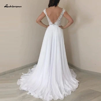

White Simple Chiffon Long Beach Wedding Dress Cap Short Sleeves 2020 Vestido de Casamento Bridal Wedding Gown Illusion Lace Back