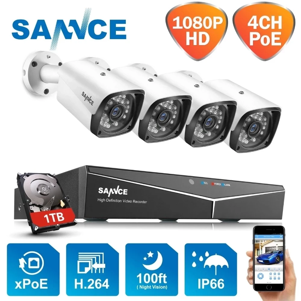 SANNCE 4CH 1080P POE NVR Kit CCTV Security System 2MP IR IP66 Waterproof Outdoor IP Camera Plug&Play Video Surveillance Set