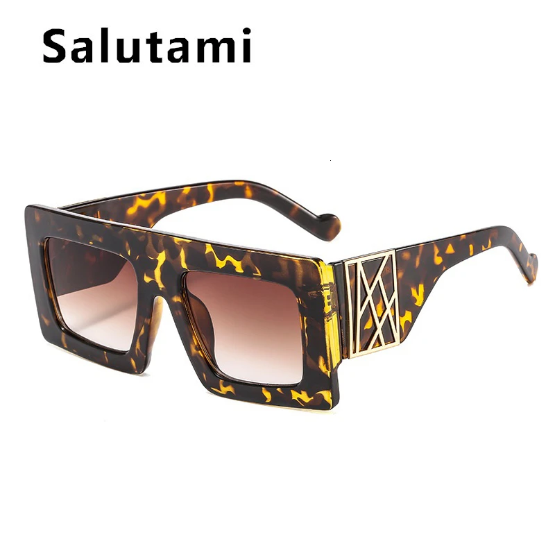 Уникальные цельные Квадратные Солнцезащитные очки для мужчин, винтажные Ретро очки с плоским верхом, Женские Элегантные градиентные солнцезащитные очки с цветочным принтом - Цвет линз: leopard tea