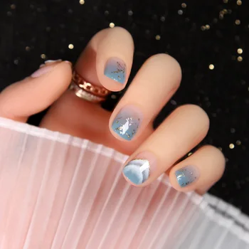 

24pcs/box Pearl Shimmering Powder Dusty Blue Hill Fake Nails Patch Summer Fresh Detachable Wearable Finished nail tips glue
