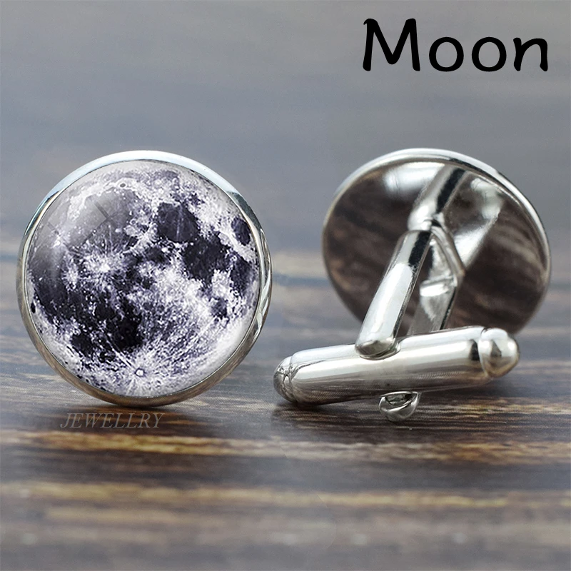 Moon Full Moon Solar System Planet for Men Cufflinks Set Galaxy Nebula Earth Sun Jupiter Jewelry Suit Shirt Silver Cuff Links Gift - Окраска металла: Moon