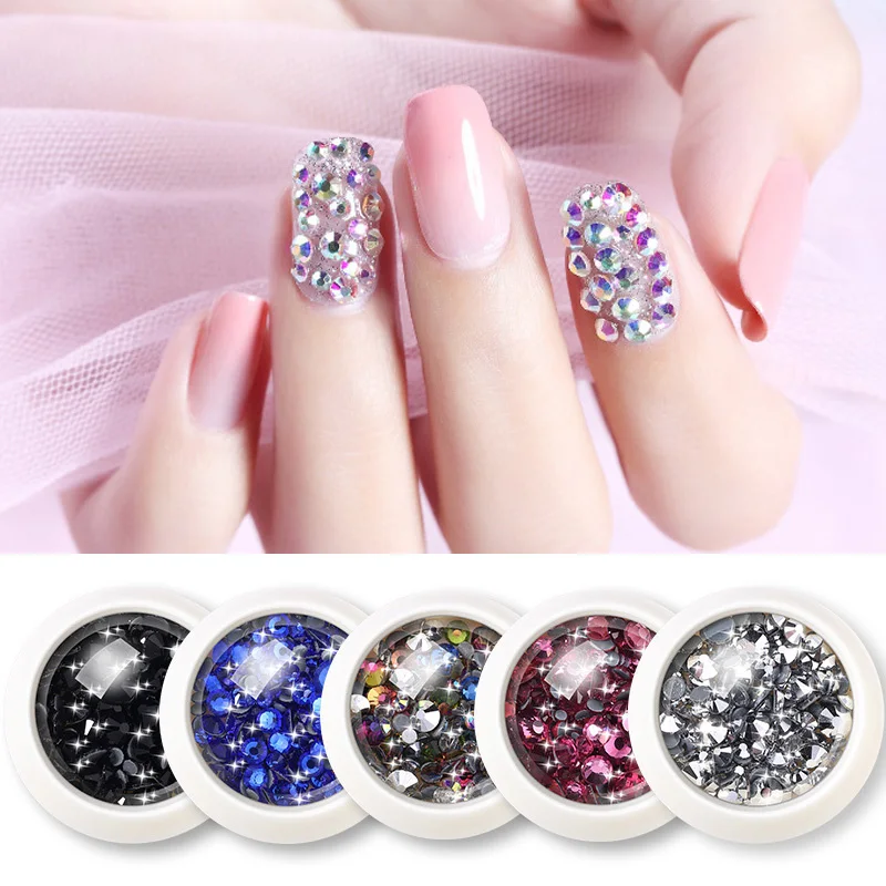 1 Box Nail Rhinestones Pink Gold Black Mixed Colorful Flat Bottom