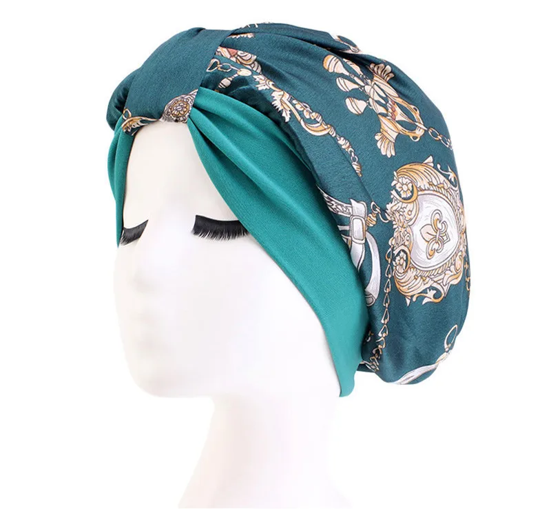 Fashion Stretch Turban Cap Simulation Silk Muslim Hat Sleeping Hat Chemotherapy Cap Retro Print Bandanas Headwear Elegant Hijab