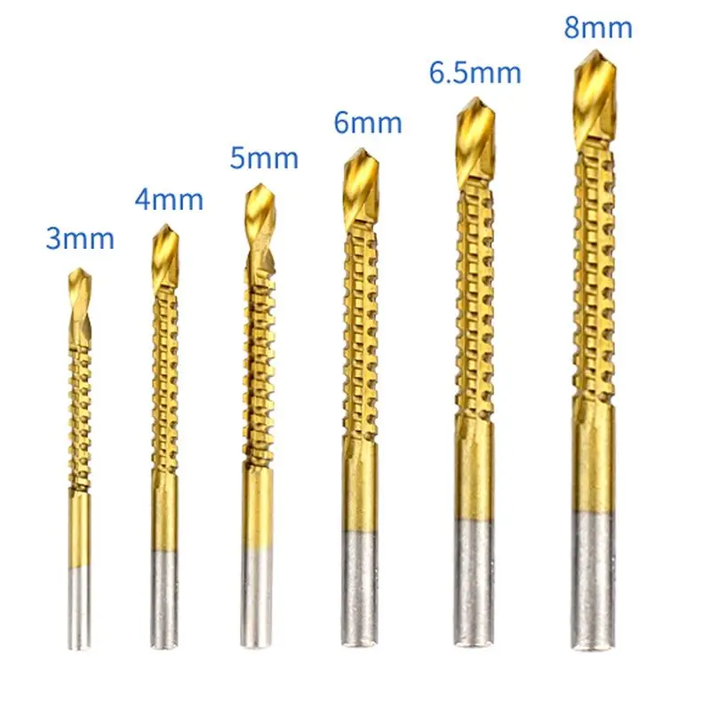 

3-8mm 6pcs Drill Set Serrated Drill Bit Round Shank Multi-function Woodworking Saw Drill Slotting Grooving Drilling Bits