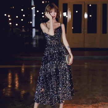 

Evening Dress Spaghetti Strap Colorful Sequins Shining Formal Dresses for Women Long V Neck Robe De Soiree ES3062