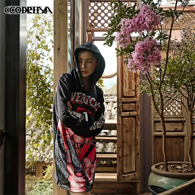 

New Women Long Hoodie Autumn Winter Long Pullover Long Sleeve Plus Velvet loose Sweatshirt Casual Warm Cartoon Print Hoodies