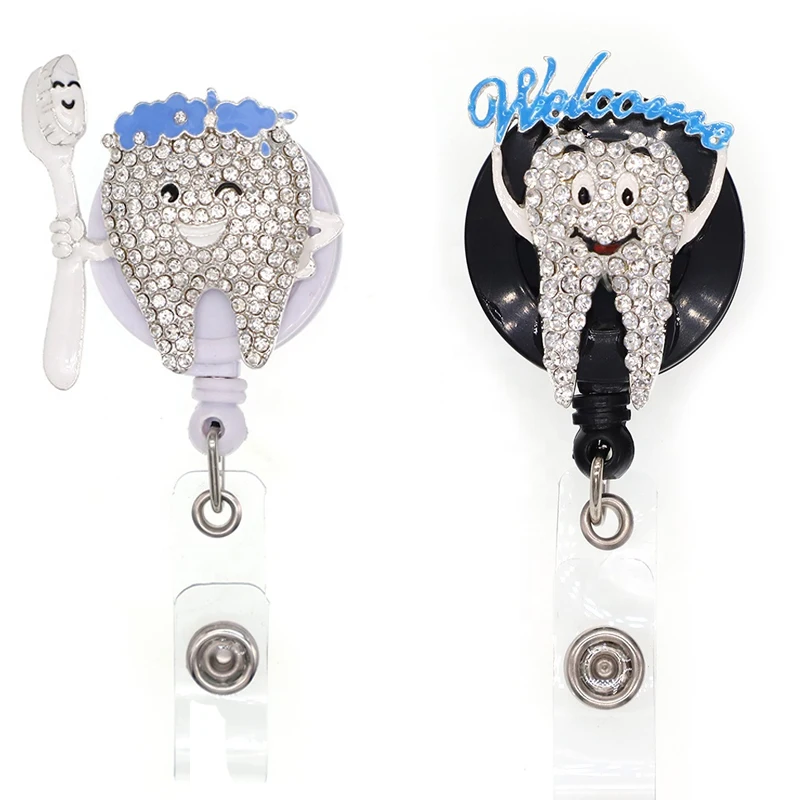 

20 pcs/Free Shipping Cute White rhinestone tooth shape badge reel medical nurse/doctor/ dentist badge holder